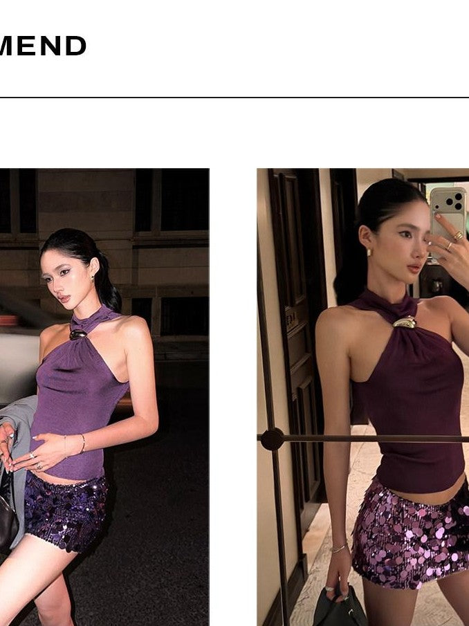 rovente Purple Sequin Low Rise Bodycon Women's Safety Lined Mini Skirts