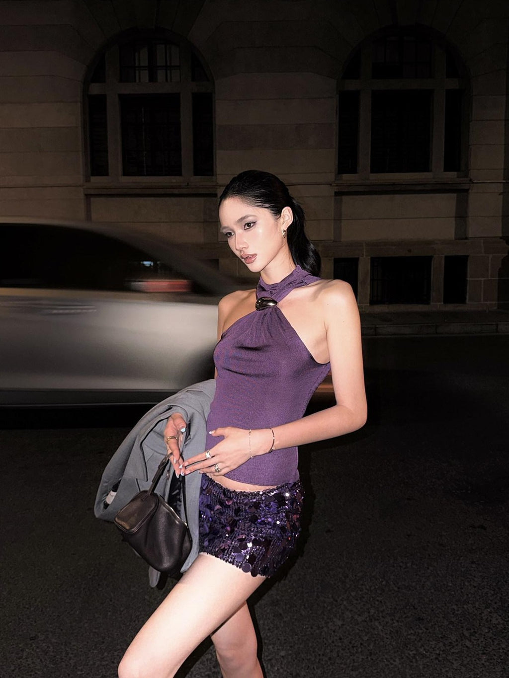 rovente Purple Sequin Low Rise Bodycon Women's Safety Lined Mini Skirts