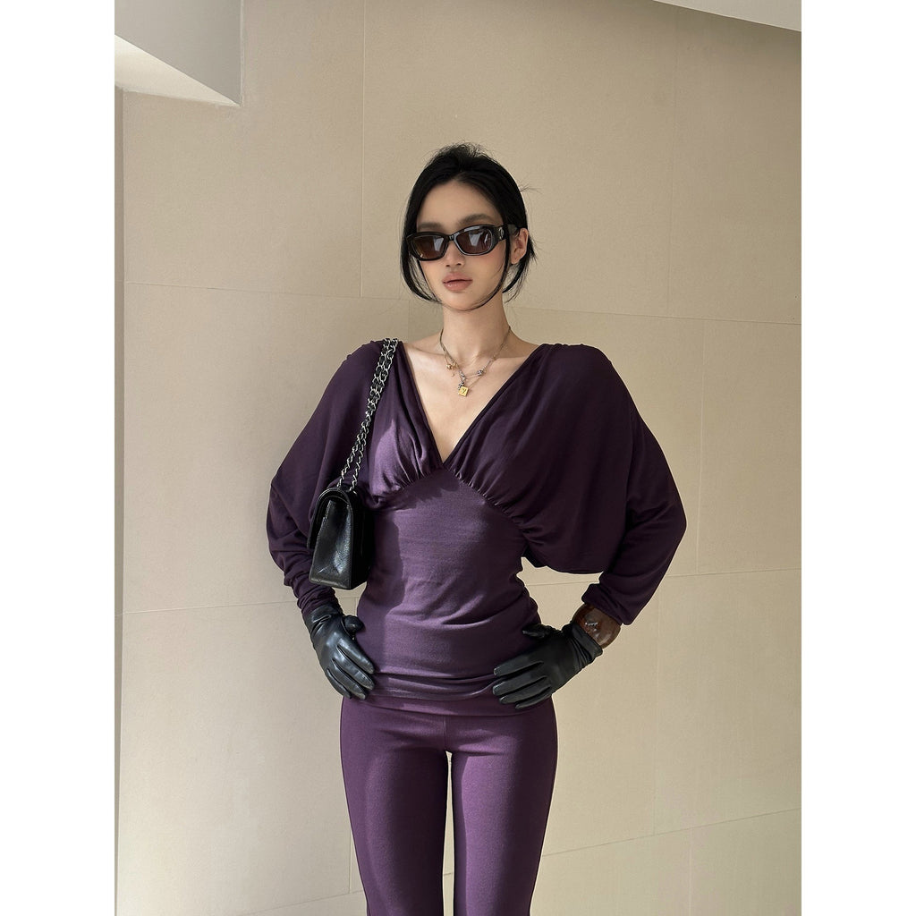 rovente_Purple_V-neck_Slim_Knit_Women's_Lyocell_Wool_Casual_Top_&_Pants_Sets_1007893743827_MISSTT