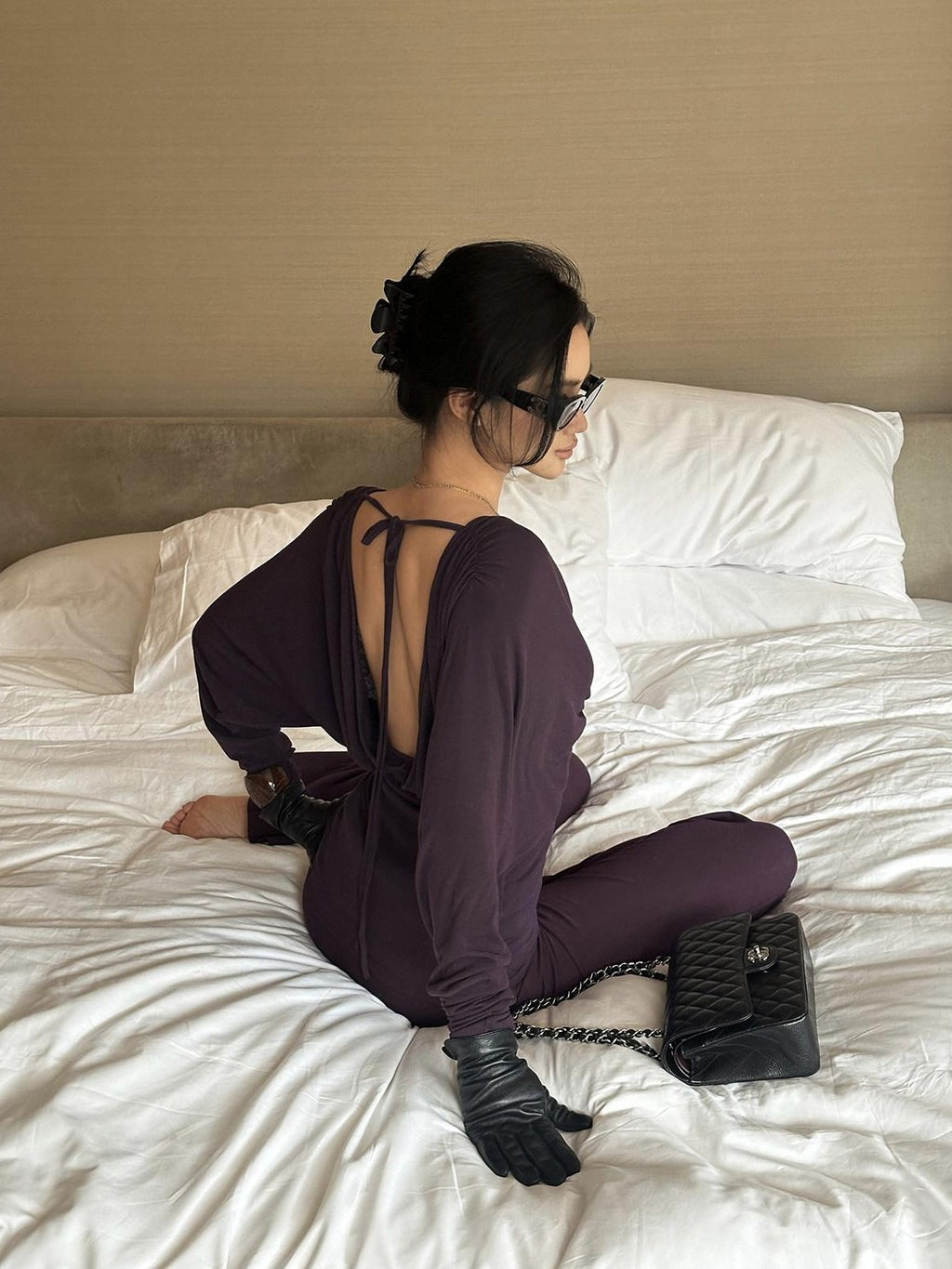 rovente Purple V-neck Slim Knit Women's Lyocell Wool Casual Top & Pants Sets