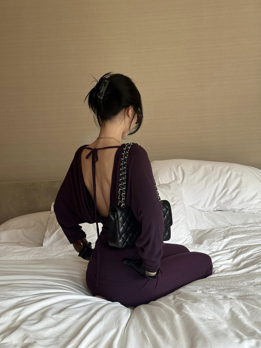 rovente Purple V-neck Slim Knit Women's Lyocell Wool Casual Top & Pants Sets