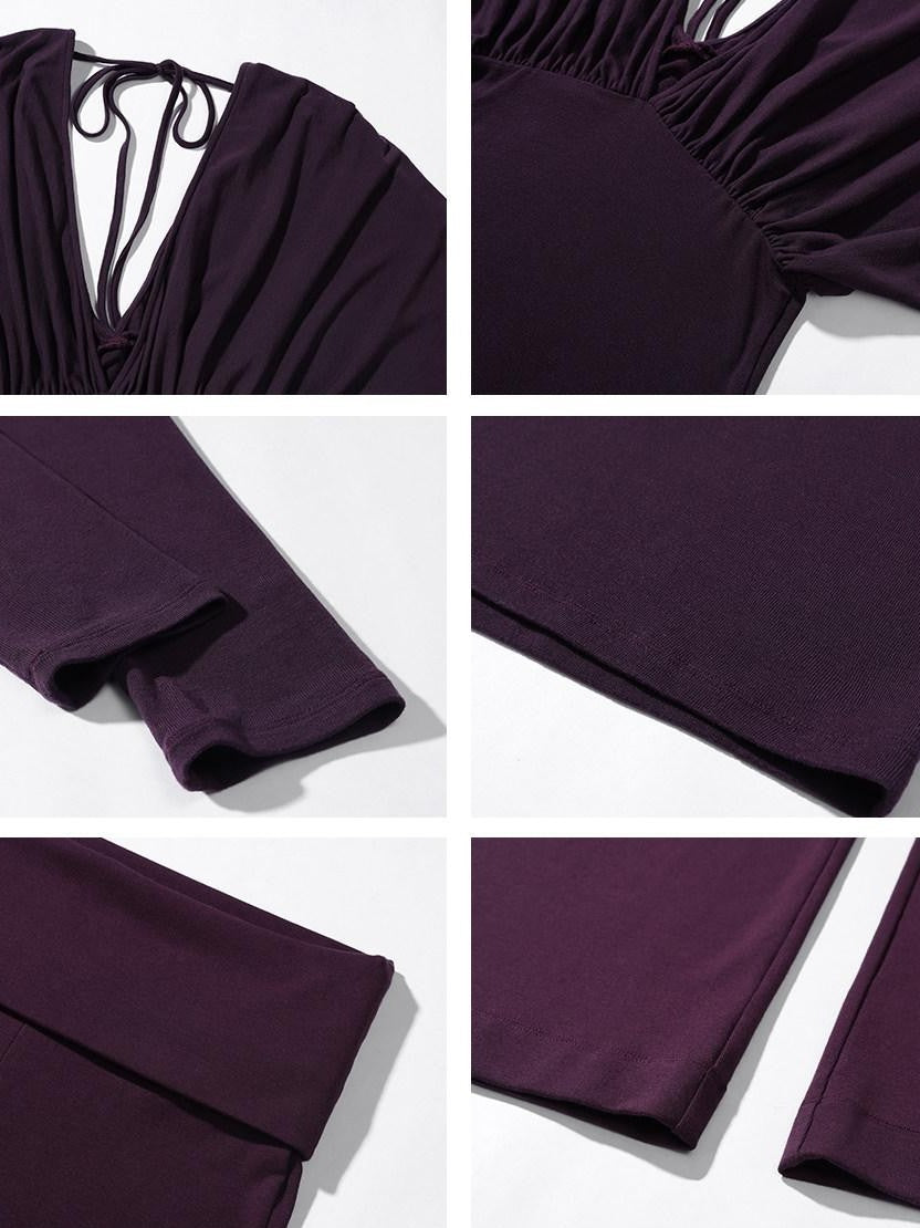 rovente Purple V-neck Slim Knit Women's Lyocell Wool Casual Top & Pants Sets