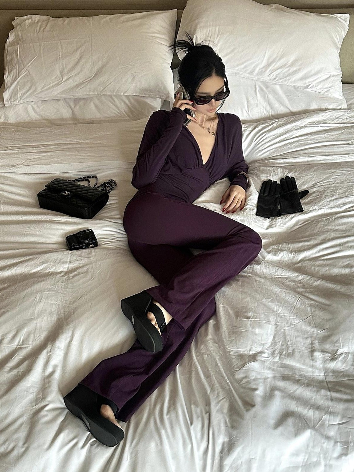 rovente Purple V-neck Slim Knit Women's Lyocell Wool Casual Top & Pants Sets
