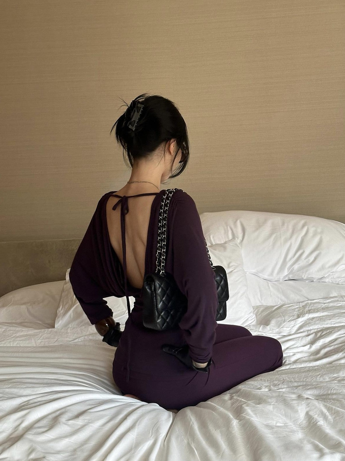 rovente Purple V-neck Slim Knit Women's Lyocell Wool Casual Top & Pants Sets
