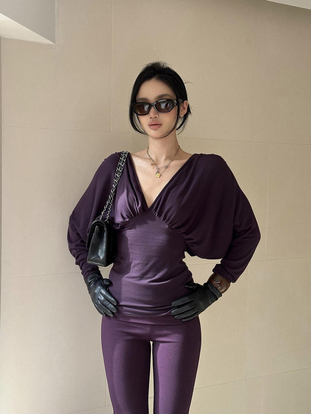 rovente Purple V-neck Slim Knit Women's Lyocell Wool Casual Top & Pants Sets