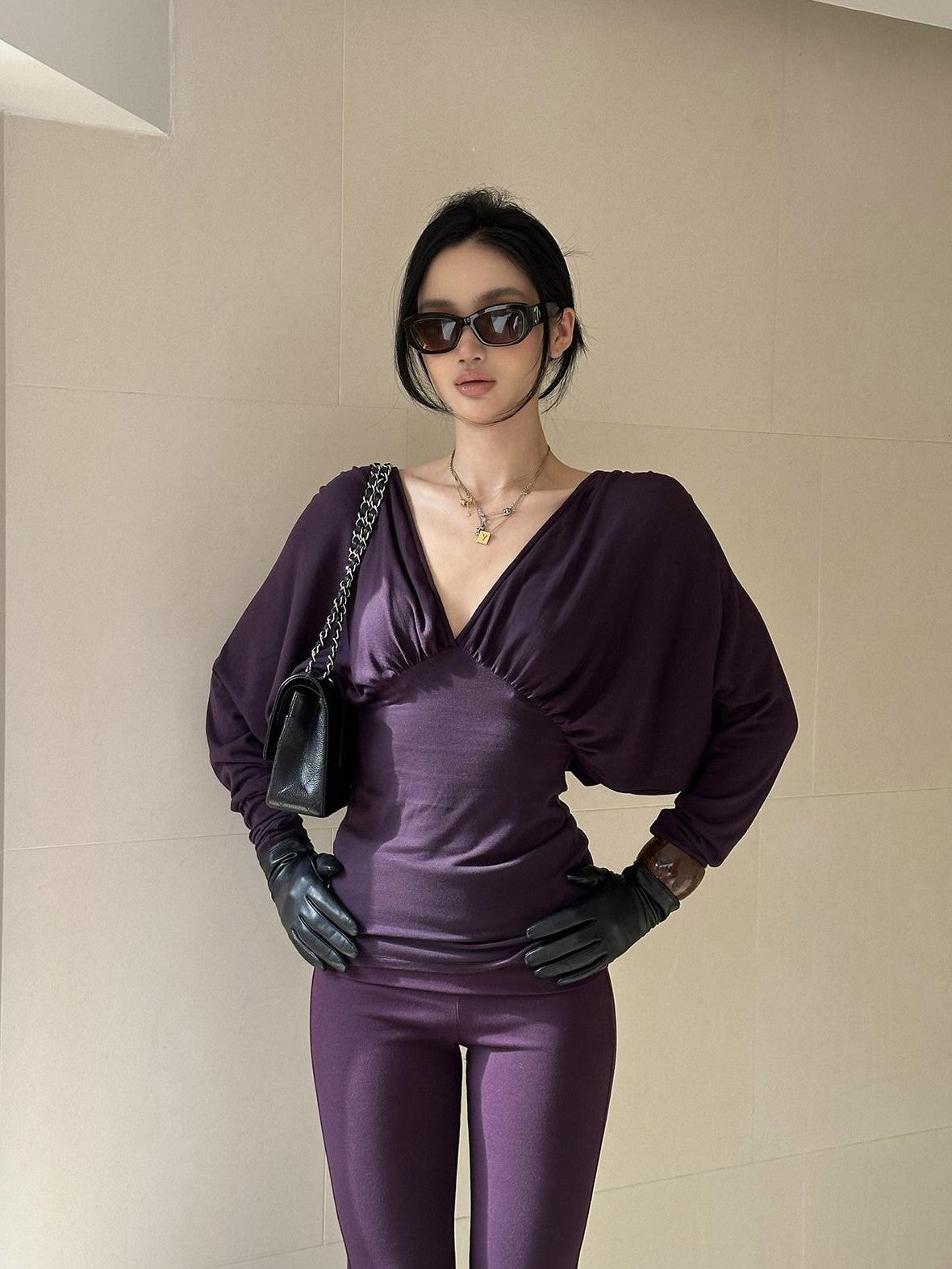 rovente Purple V-neck Slim Knit Women's Lyocell Wool Casual Top & Pants Sets