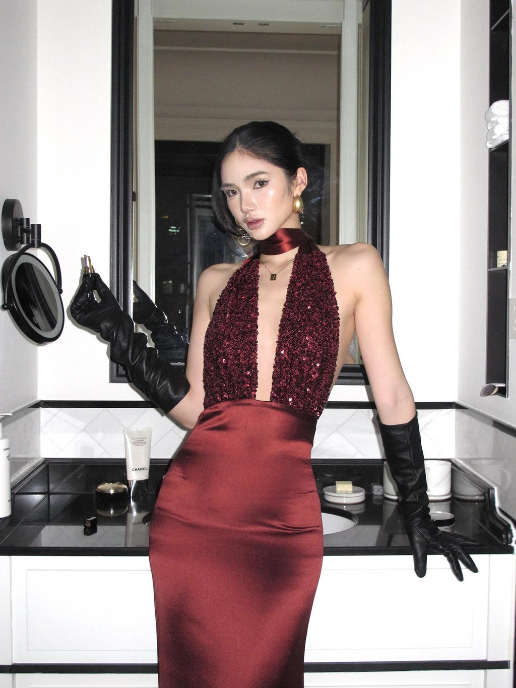 rovente Red Sequin Halter Backless Deep V Women's Polyester Blend Bodycon Maxi Dresses
