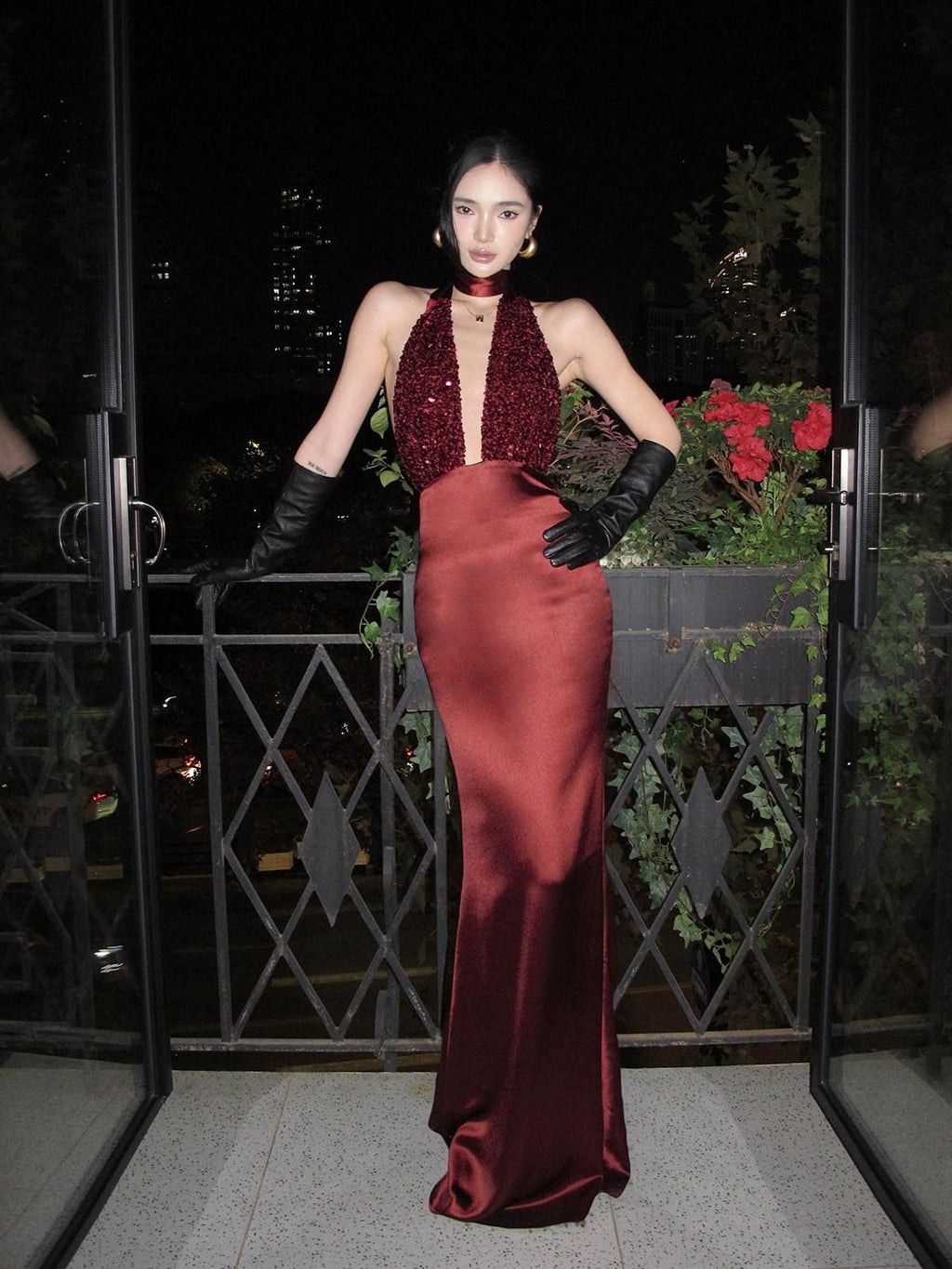 rovente Red Sequin Halter Backless Deep V Women's Polyester Blend Bodycon Maxi Dresses