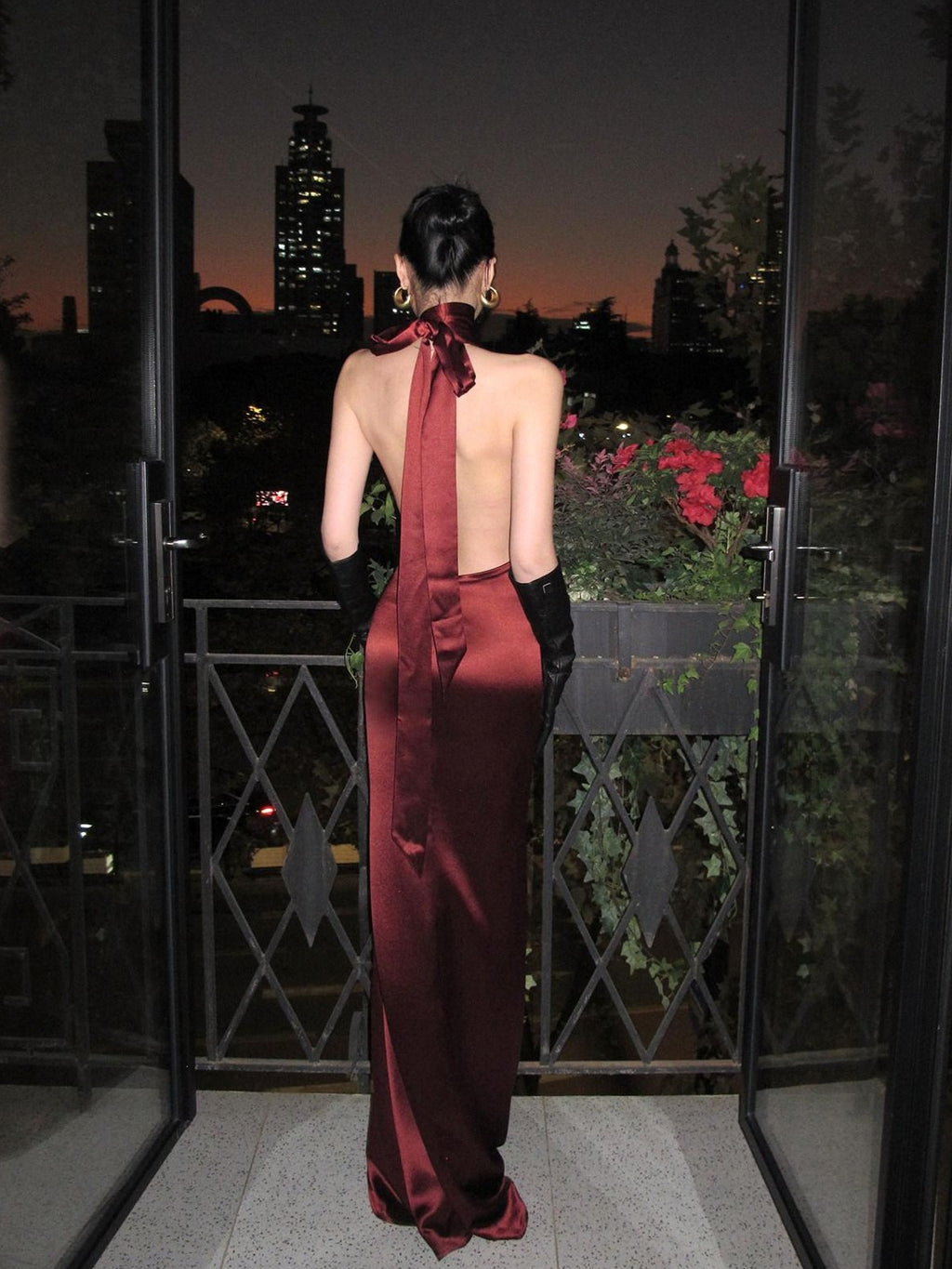 rovente Red Sequin Halter Backless Deep V Women's Polyester Blend Bodycon Maxi Dresses