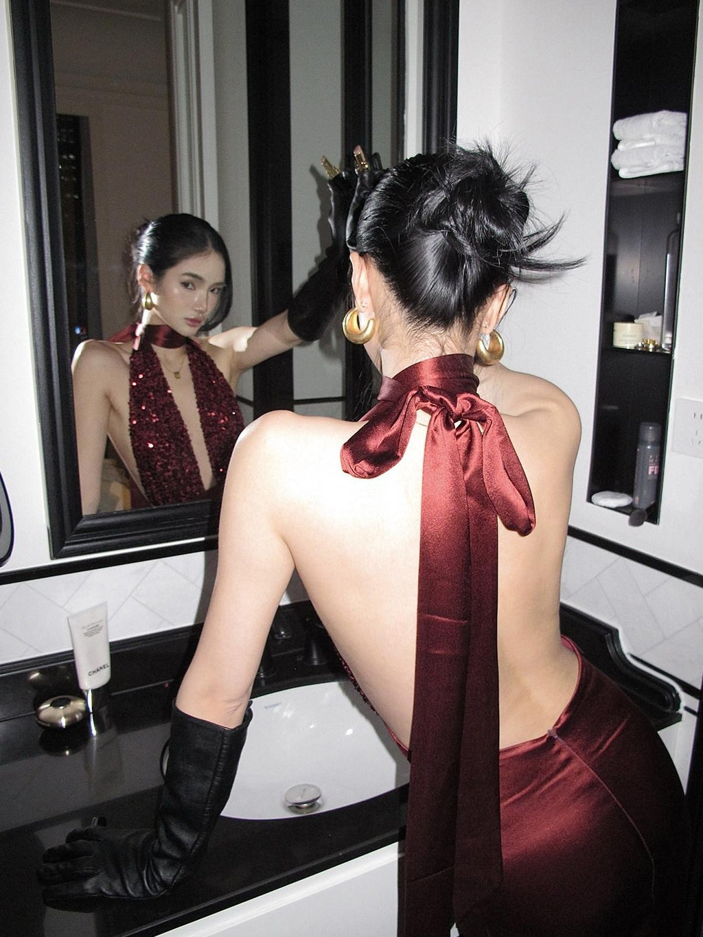 rovente Red Sequin Halter Backless Deep V Women's Polyester Blend Bodycon Maxi Dresses