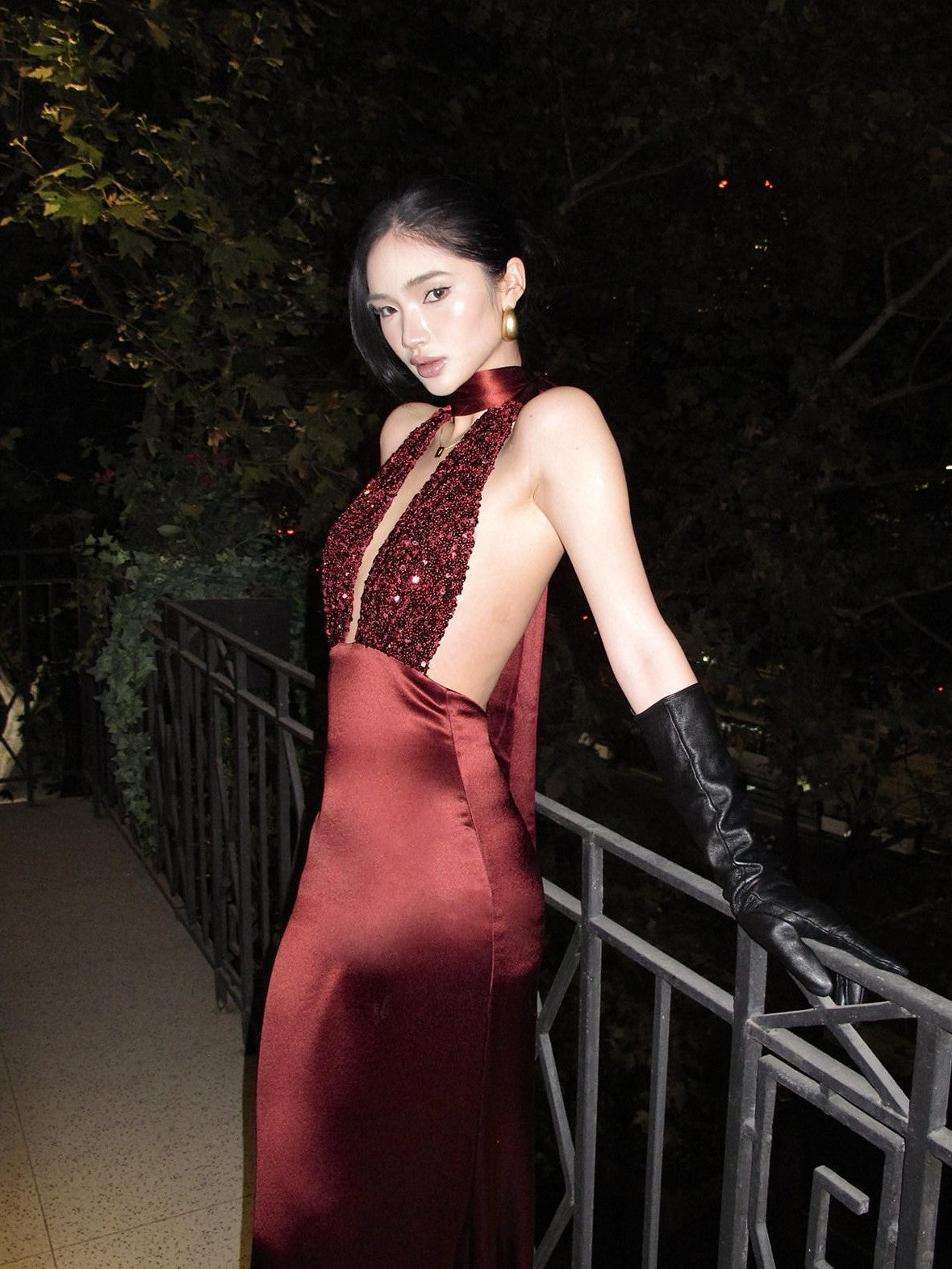 rovente Red Sequin Halter Backless Deep V Women's Polyester Blend Bodycon Maxi Dresses