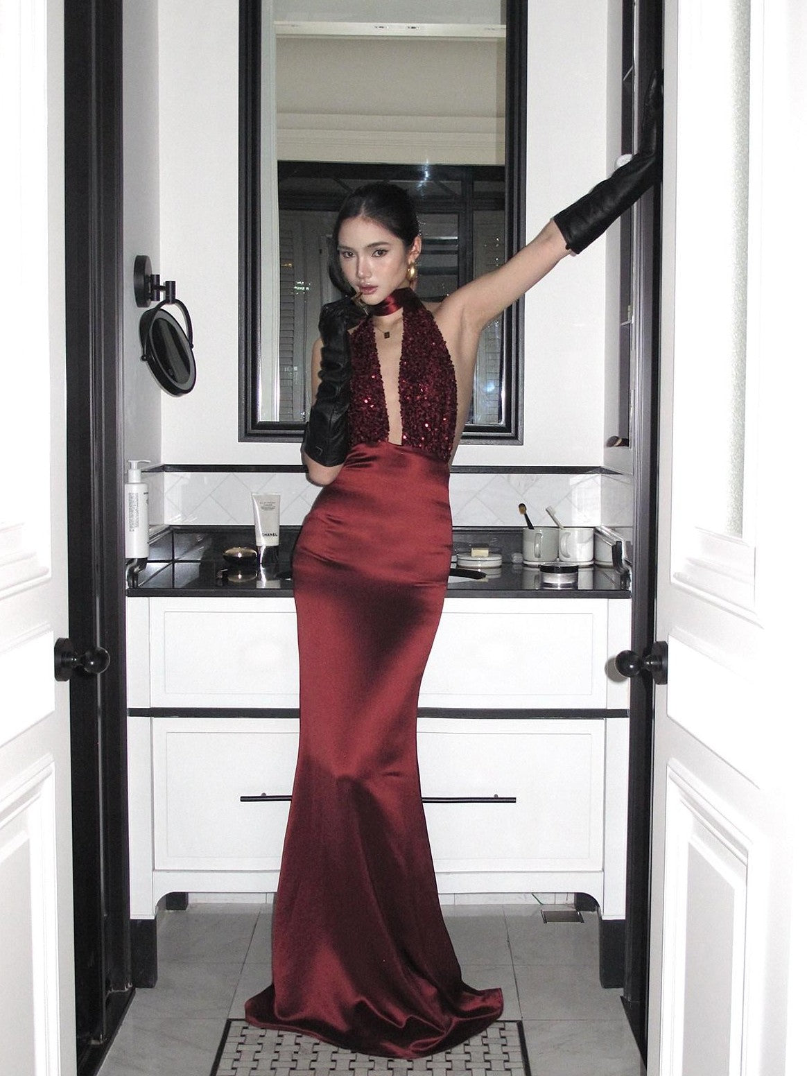 rovente Red Sequin Halter Backless Deep V Women's Polyester Blend Bodycon Maxi Dresses