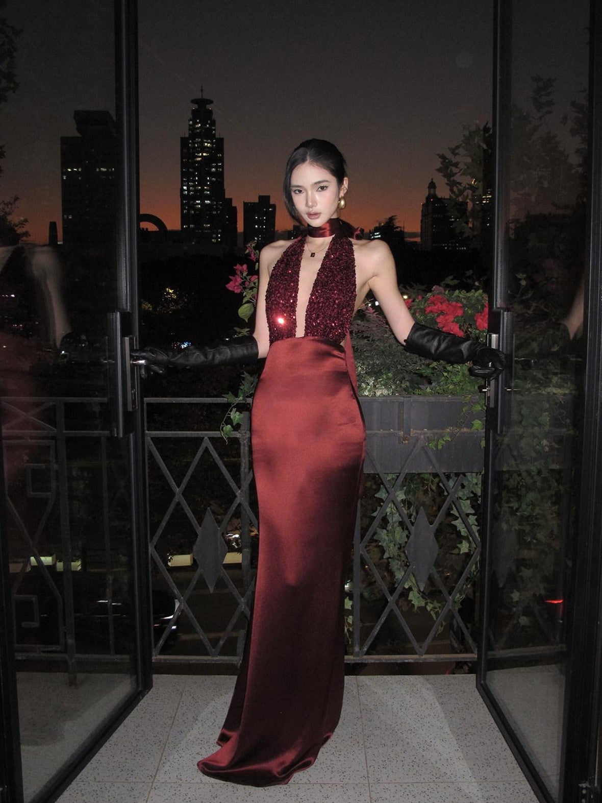 rovente Red Sequin Halter Backless Deep V Women's Polyester Blend Bodycon Maxi Dresses