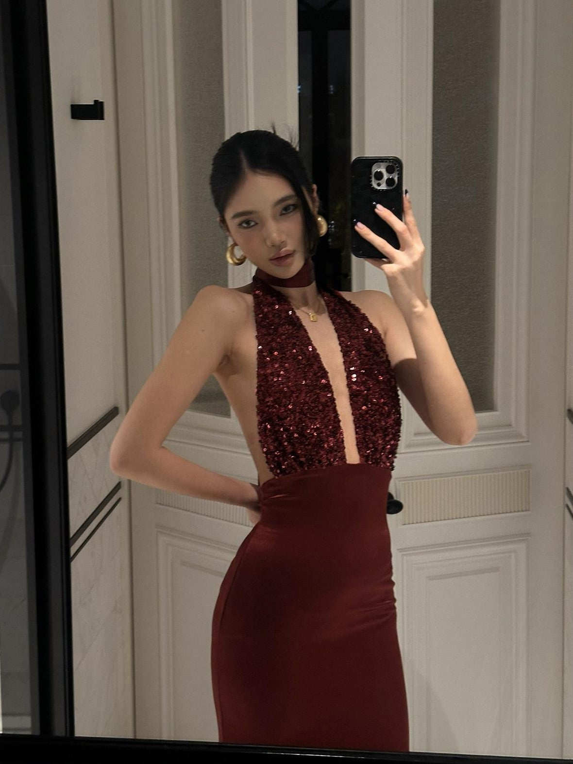 rovente Red Sequin Halter Backless Deep V Women's Polyester Blend Bodycon Maxi Dresses