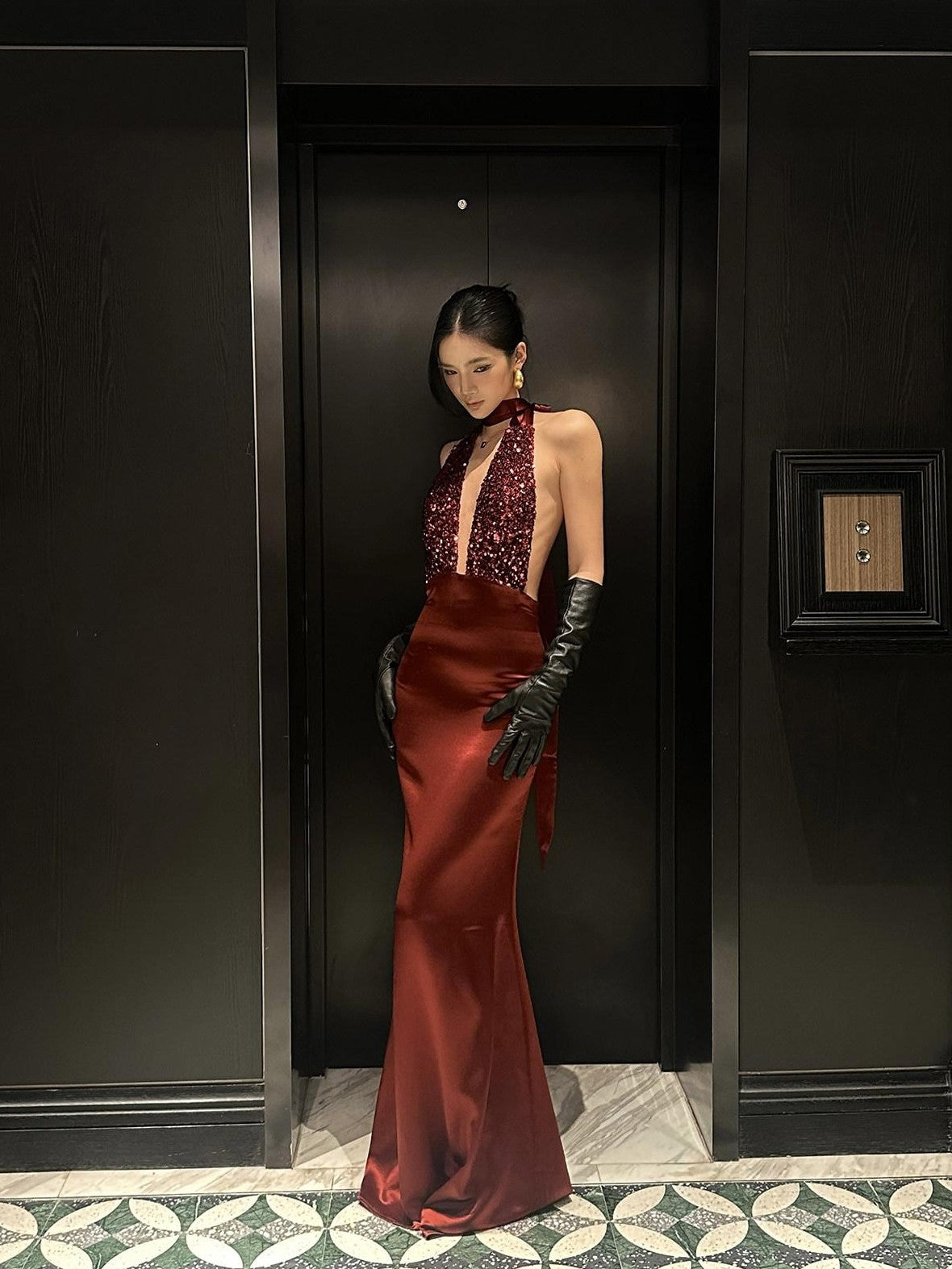 rovente Red Sequin Halter Backless Deep V Women's Polyester Blend Bodycon Maxi Dresses