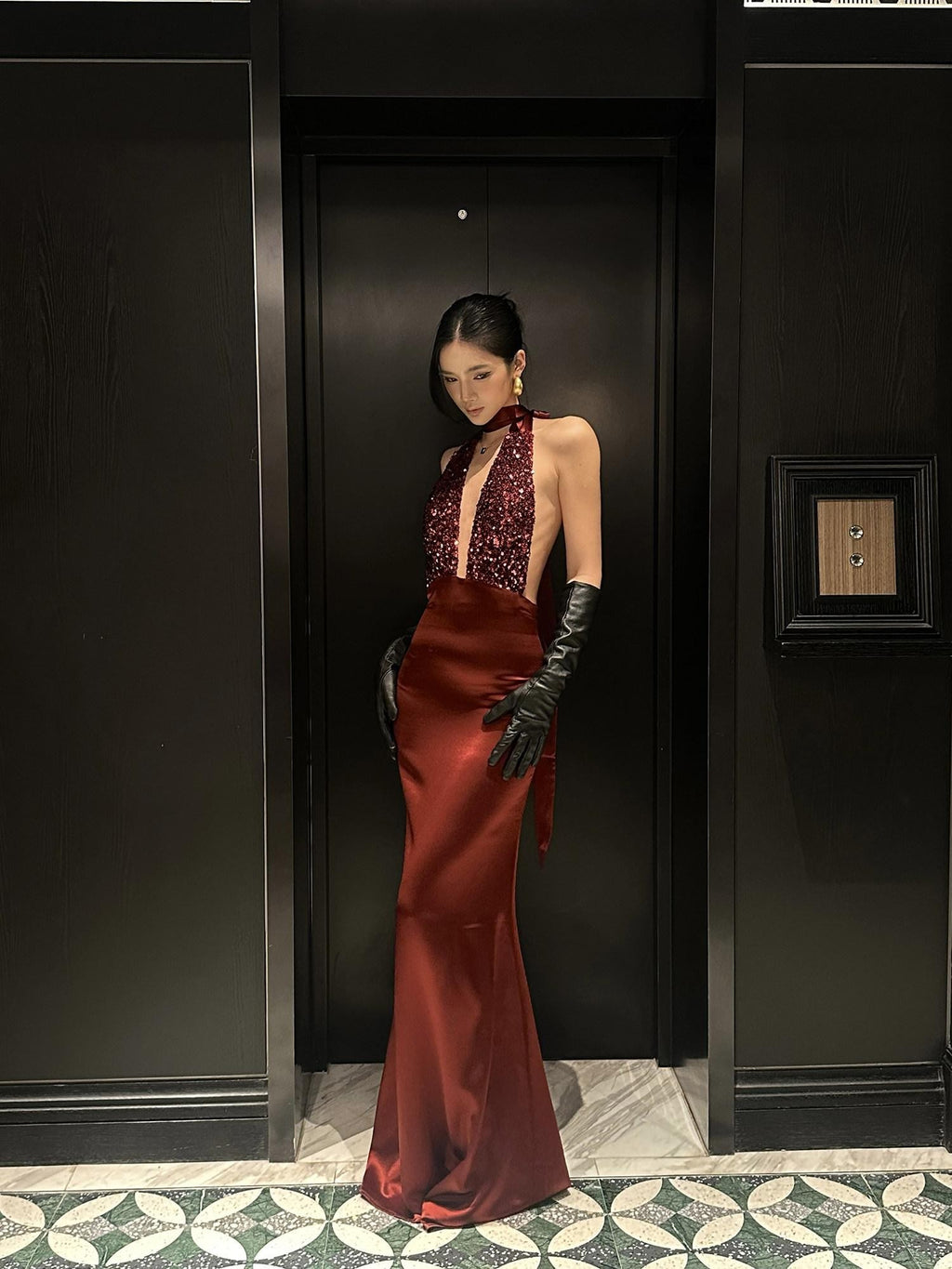 rovente Red Sequin Halter Backless Deep V Women's Polyester Blend Bodycon Maxi Dresses