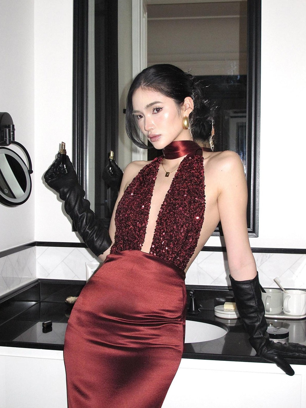 rovente Red Sequin Halter Backless Deep V Women's Polyester Blend Bodycon Maxi Dresses