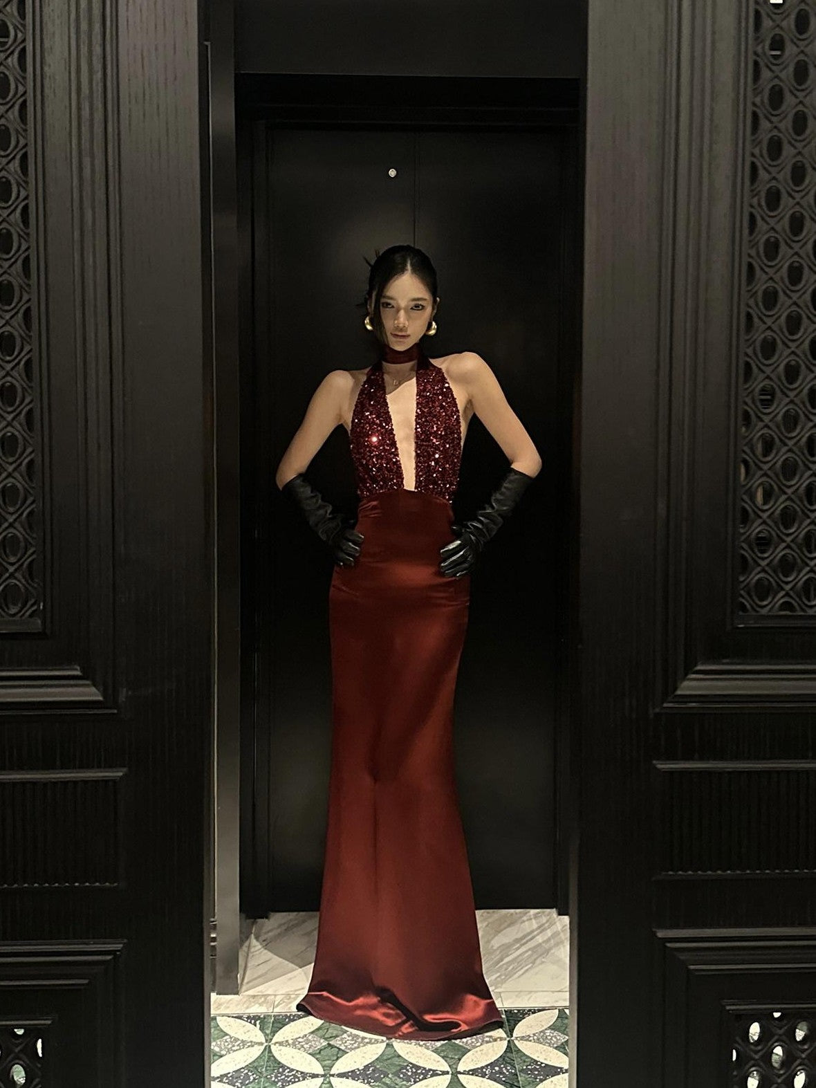 rovente Red Sequin Halter Backless Deep V Women's Polyester Blend Bodycon Maxi Dresses