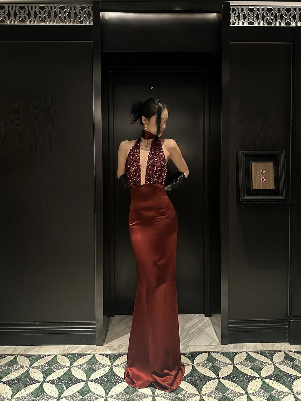 rovente Red Sequin Halter Backless Deep V Women's Polyester Blend Bodycon Maxi Dresses