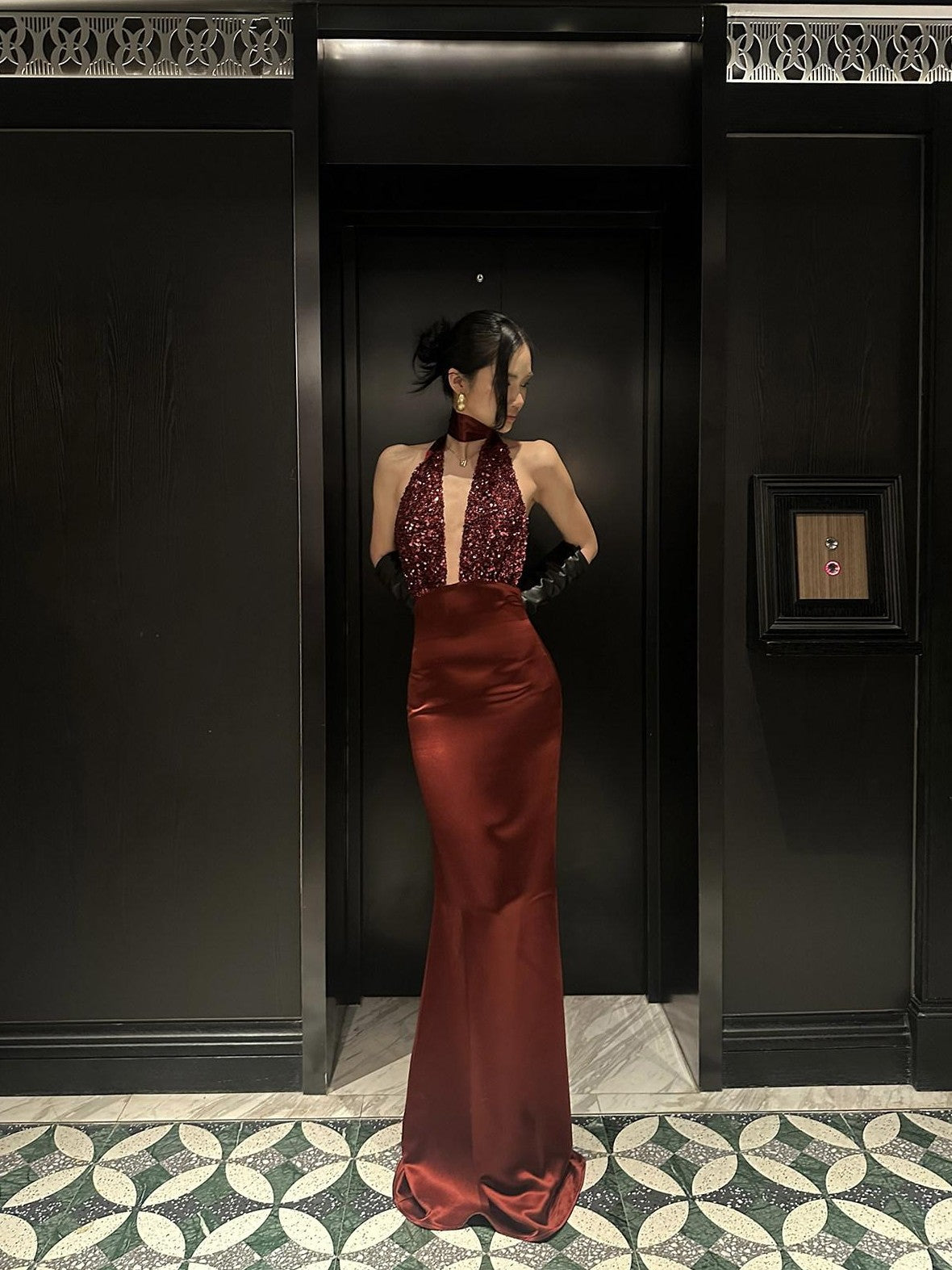 rovente Red Sequin Halter Backless Deep V Women's Polyester Blend Bodycon Maxi Dresses
