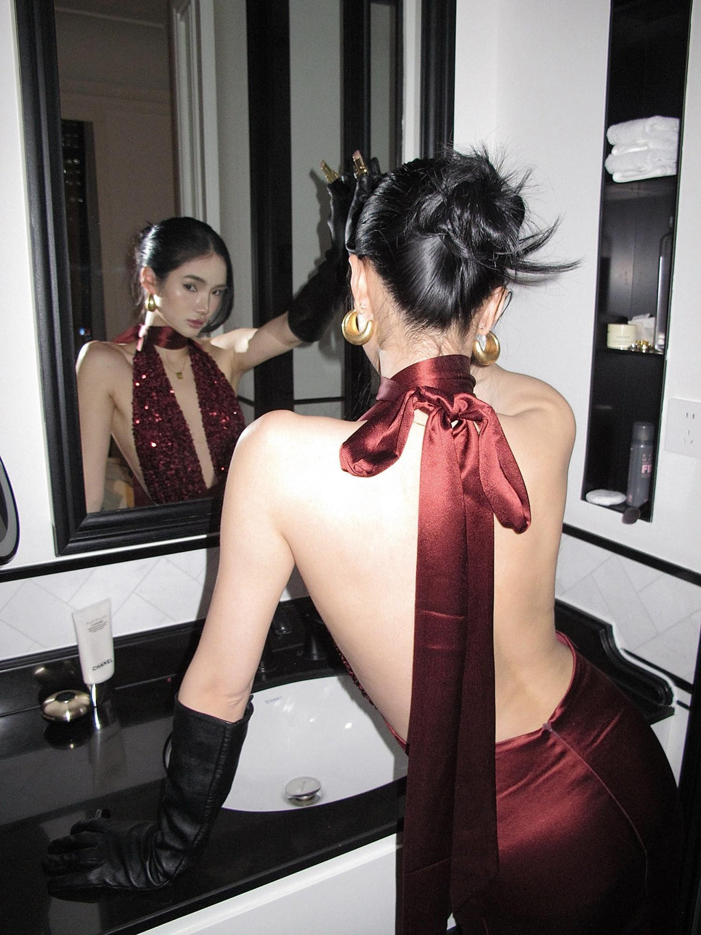 rovente Red Sequin Halter Backless Deep V Women's Polyester Blend Bodycon Maxi Dresses