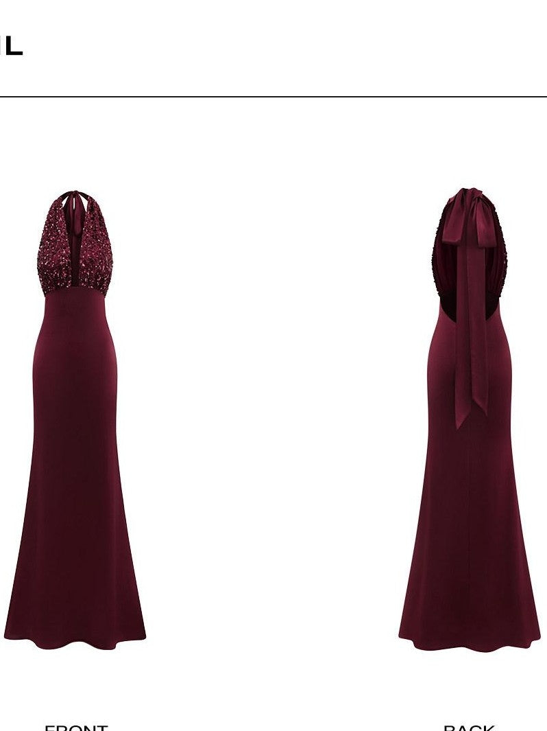 rovente Red Sequin Halter Backless Deep V Women's Polyester Blend Bodycon Maxi Dresses