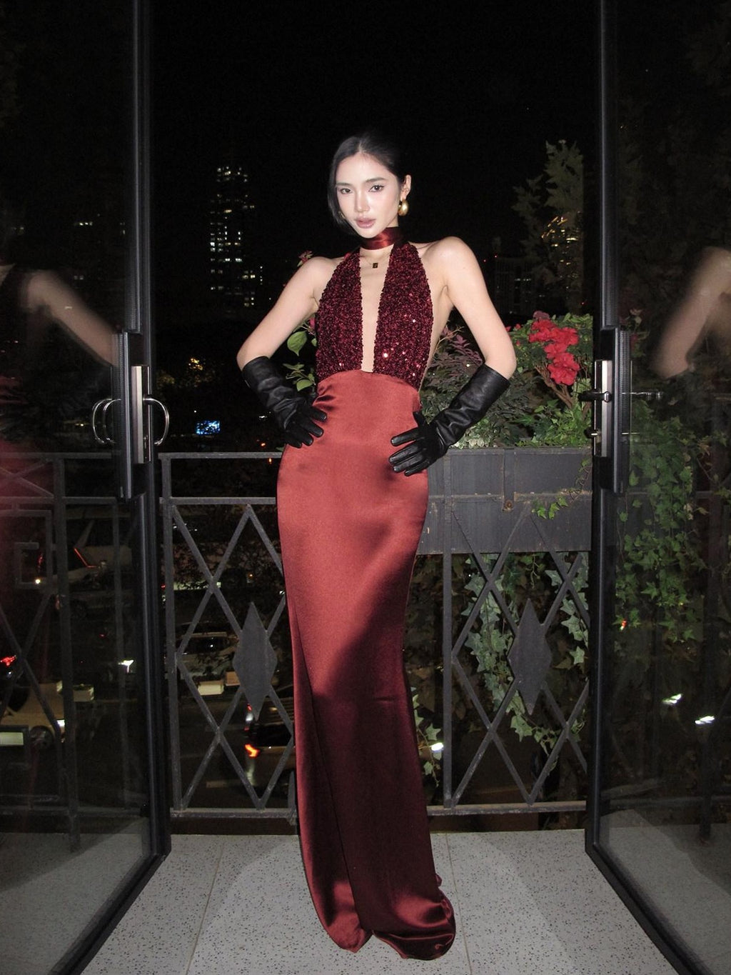 rovente Red Sequin Halter Backless Deep V Women's Polyester Blend Bodycon Maxi Dresses