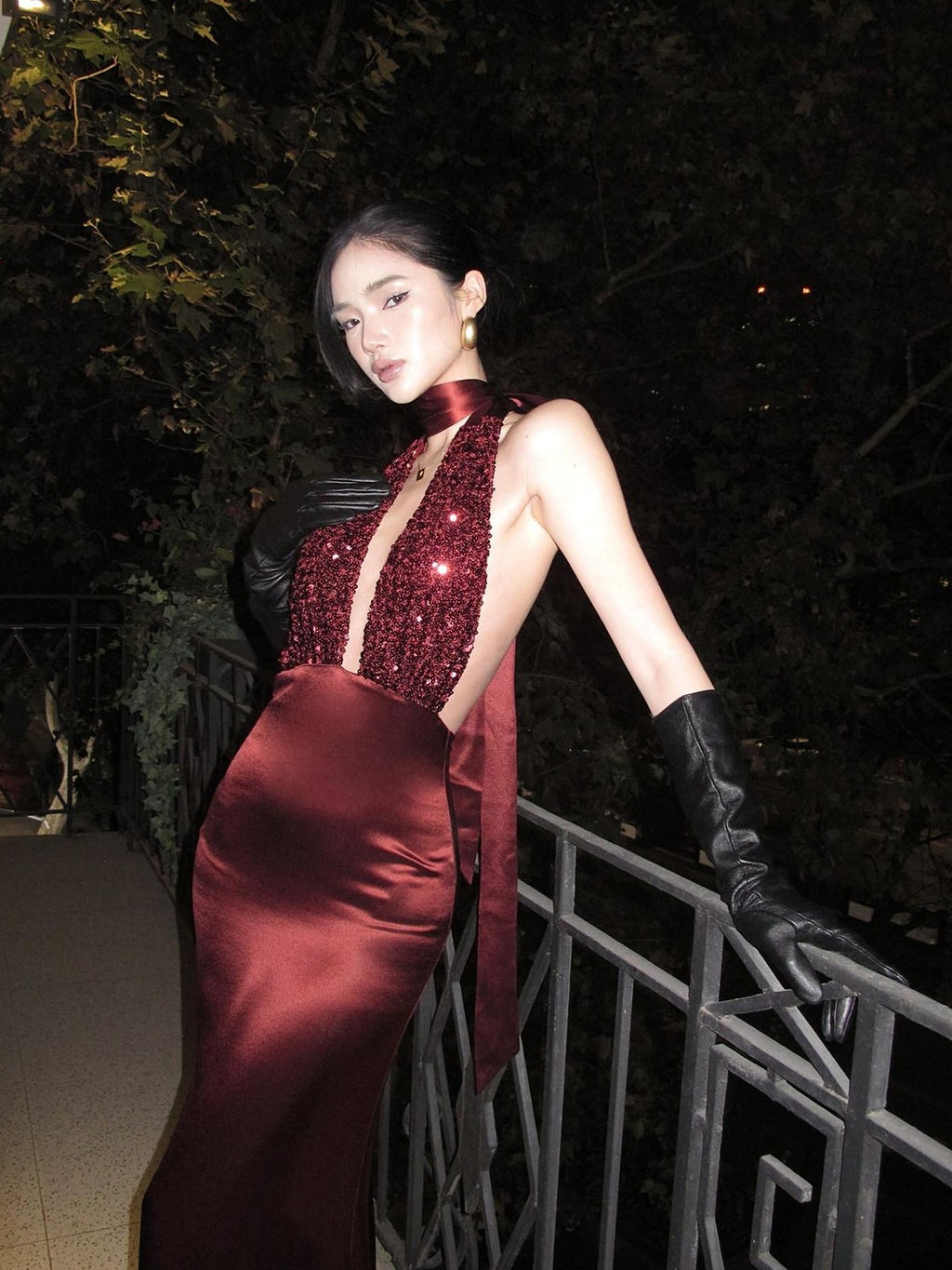 rovente Red Sequin Halter Backless Deep V Women's Polyester Blend Bodycon Maxi Dresses