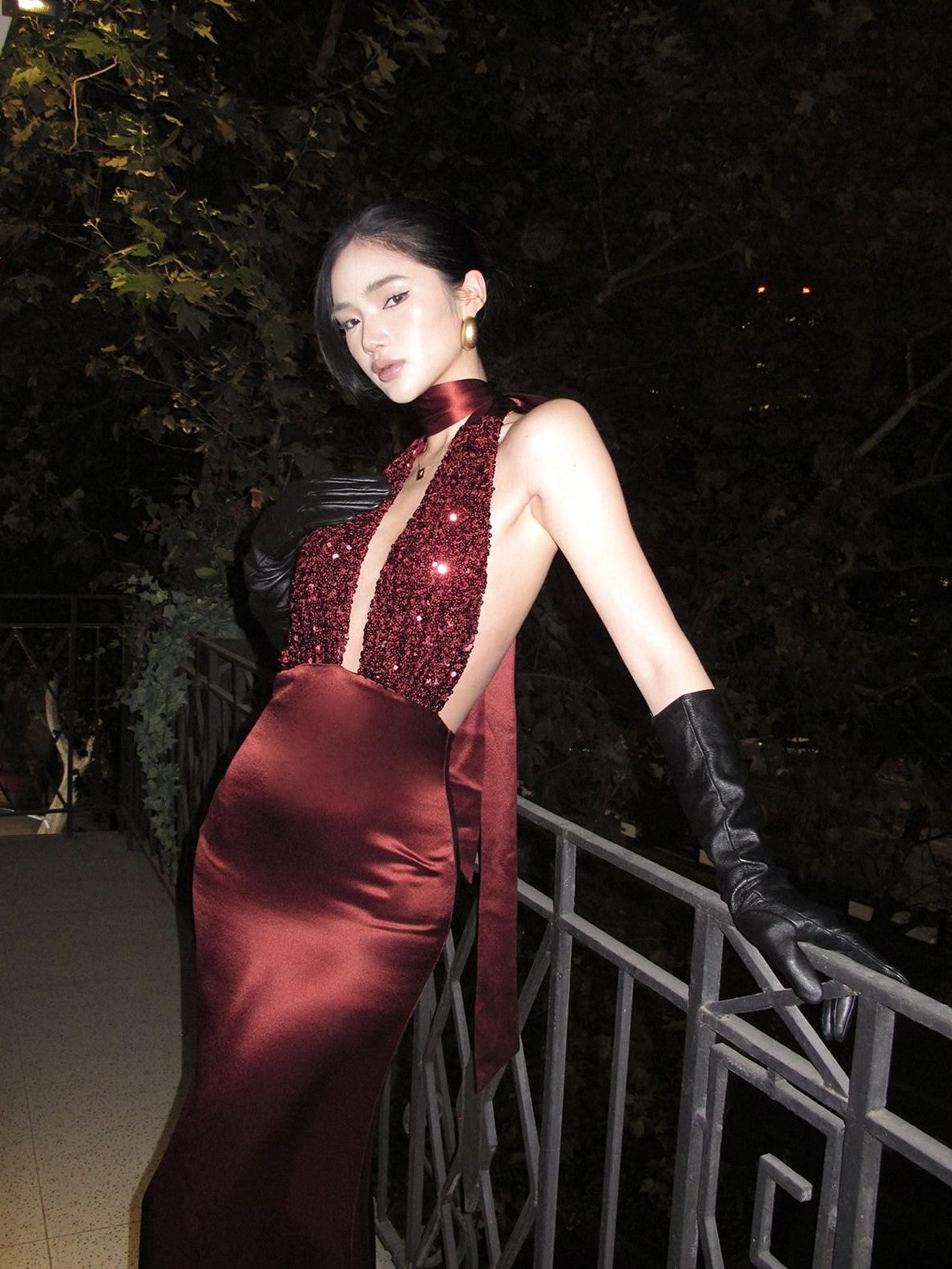 rovente Red Sequin Halter Backless Deep V Women's Polyester Blend Bodycon Maxi Dresses