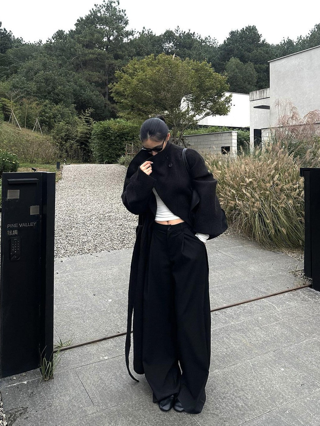 rovente Regal Black Stand Collar Belted Oversized Women's Wool Long Coats