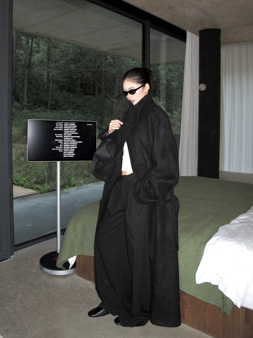 rovente Regal Black Stand Collar Belted Oversized Women's Wool Long Coats