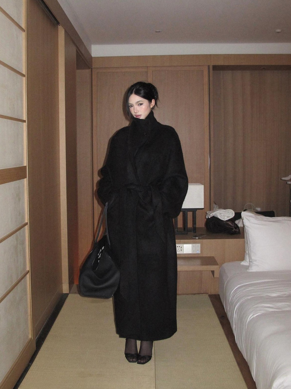 rovente Regal Black Stand Collar Belted Oversized Women's Wool Long Coats