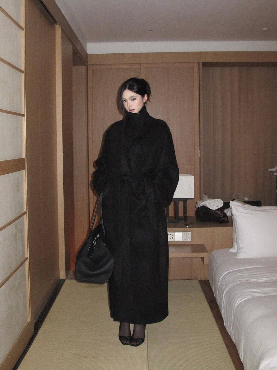 rovente Regal Black Stand Collar Belted Oversized Women's Wool Long Coats