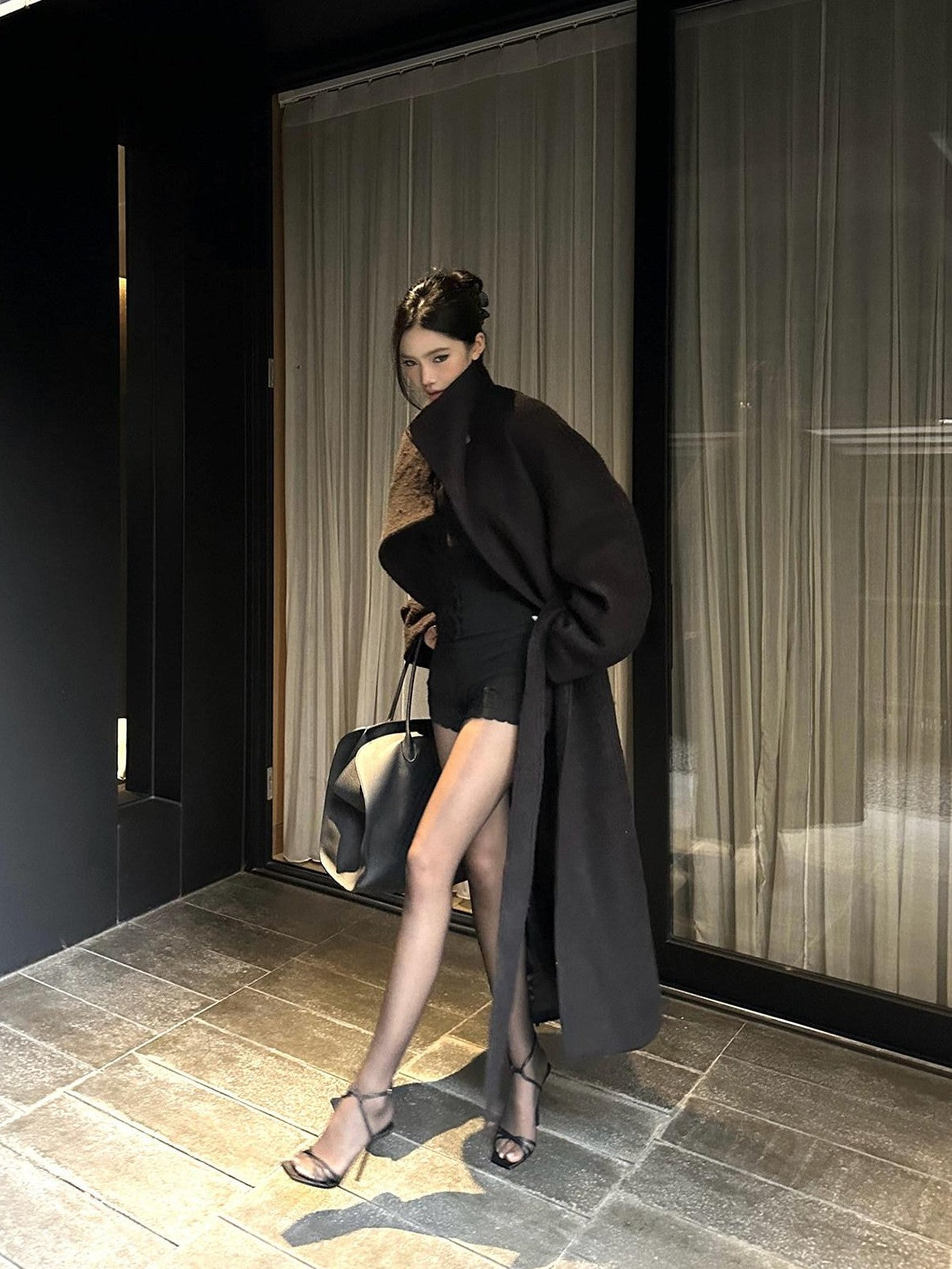 rovente Regal Black Stand Collar Belted Oversized Women's Wool Long Coats