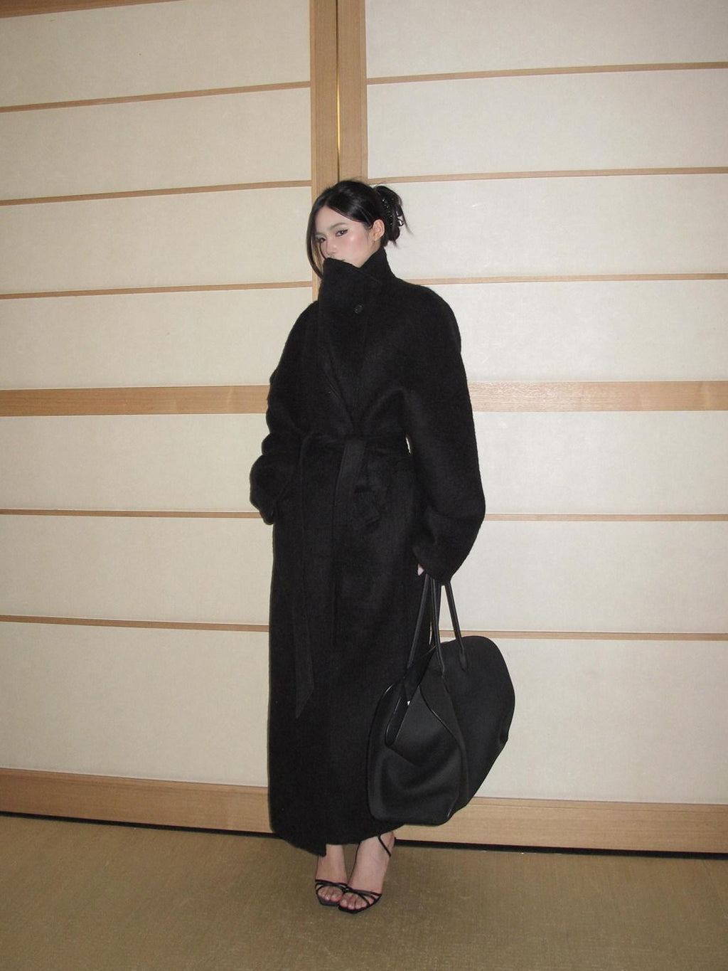 rovente Regal Black Stand Collar Belted Oversized Women's Wool Long Coats