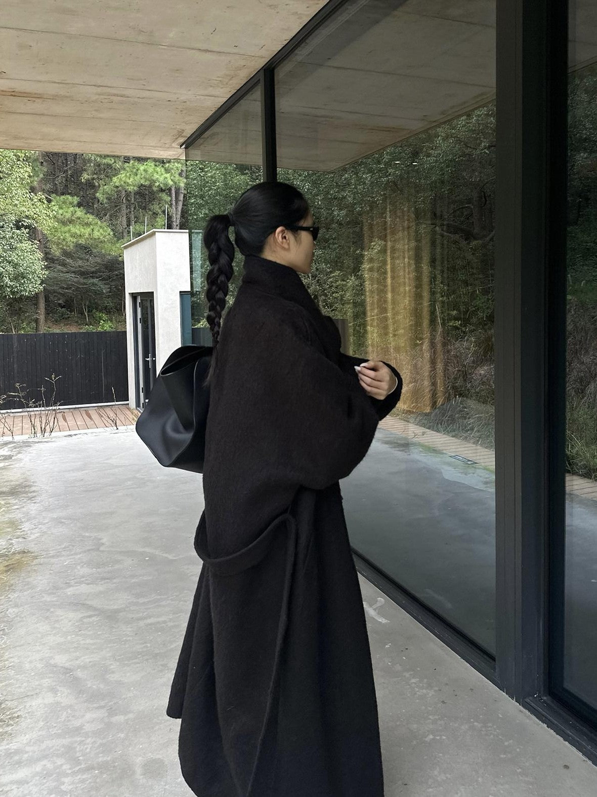 rovente Regal Black Stand Collar Belted Oversized Women's Wool Long Coats