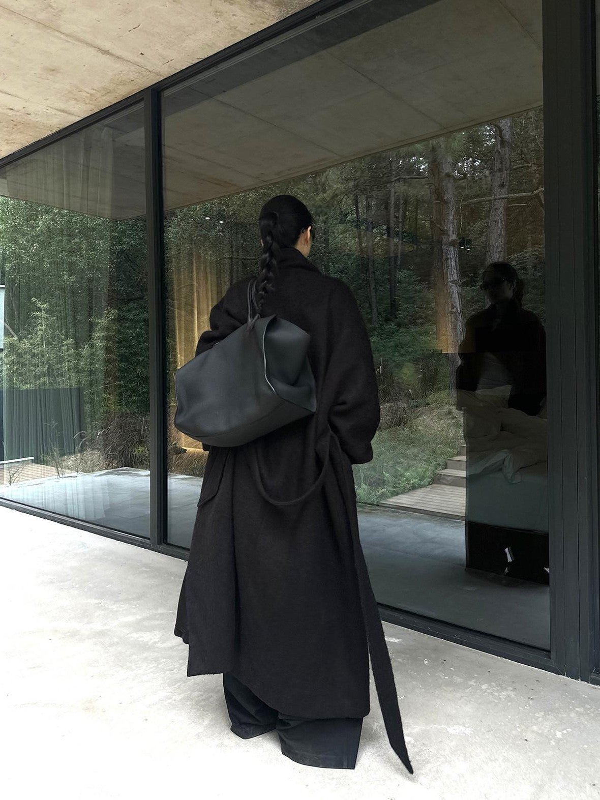 rovente Regal Black Stand Collar Belted Oversized Women's Wool Long Coats