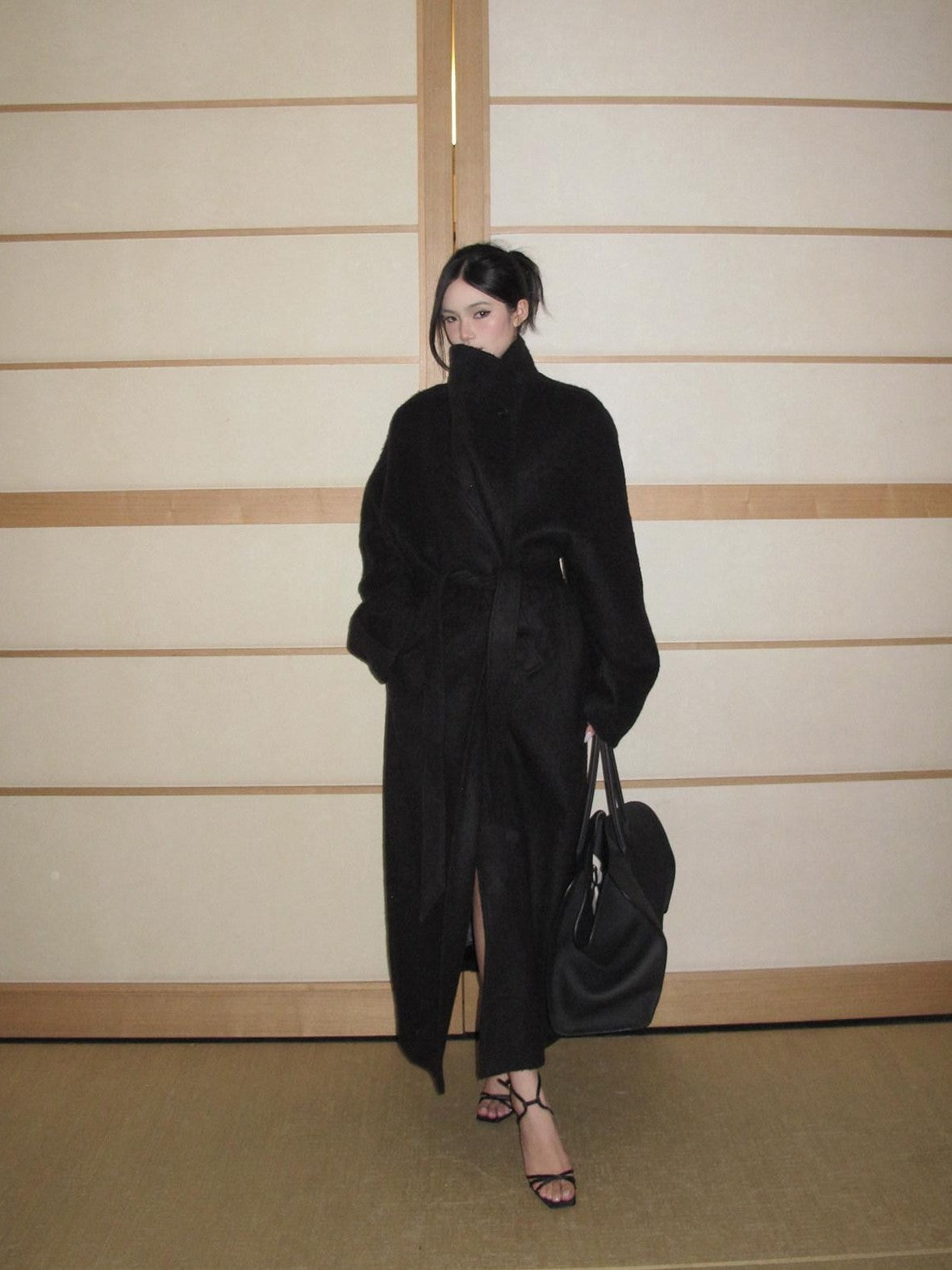 rovente Regal Black Stand Collar Belted Oversized Women's Wool Long Coats
