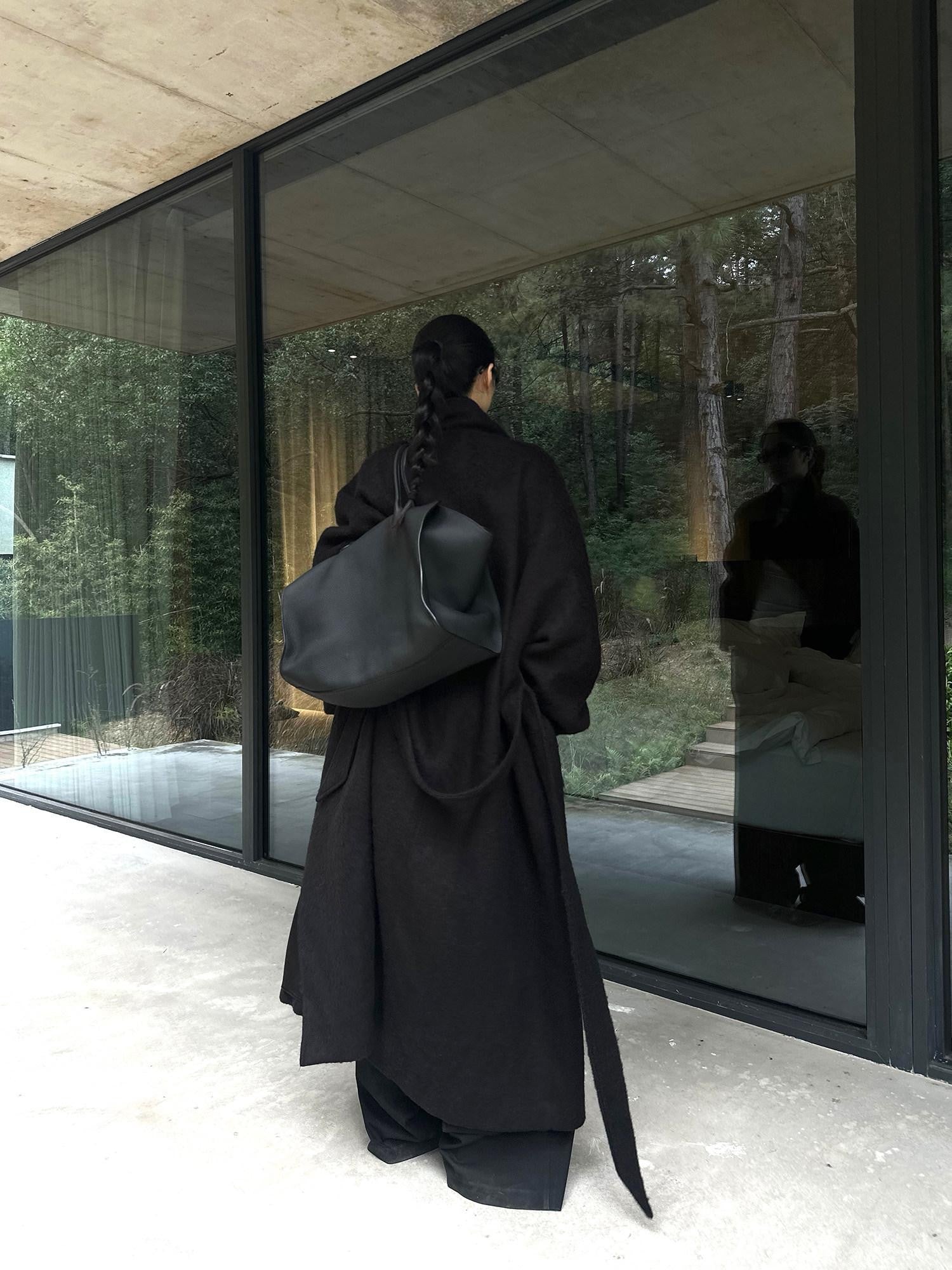 rovente Regal Black Stand Collar Belted Oversized Women's Wool Long Coats