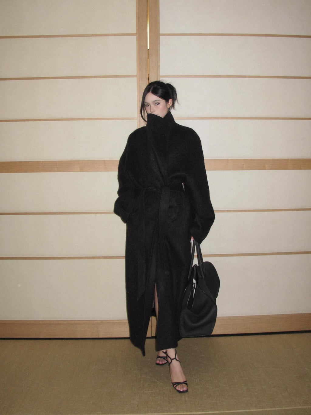 rovente Regal Black Stand Collar Belted Oversized Women's Wool Long Coats