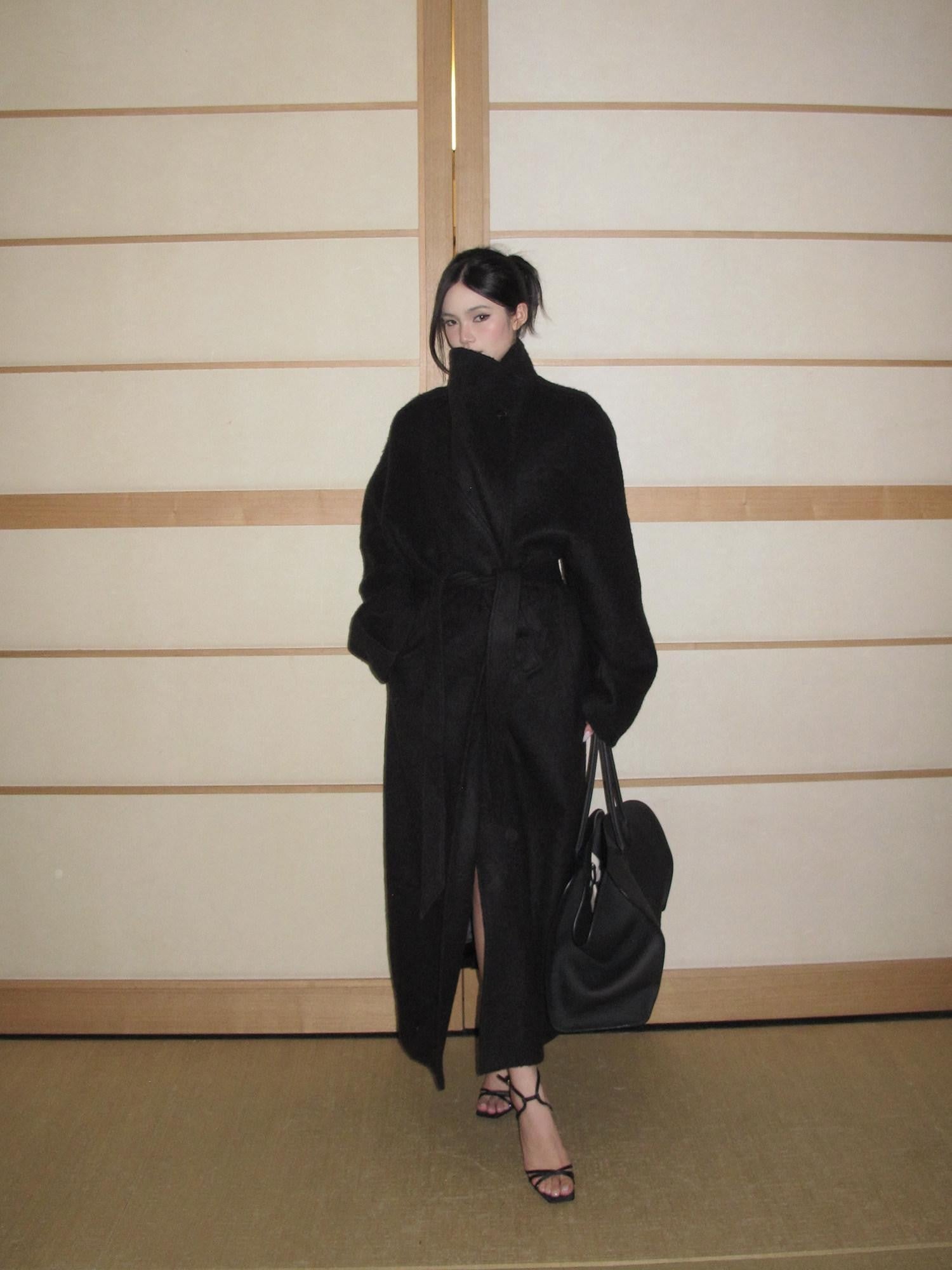 rovente Regal Black Stand Collar Belted Oversized Women's Wool Long Coats
