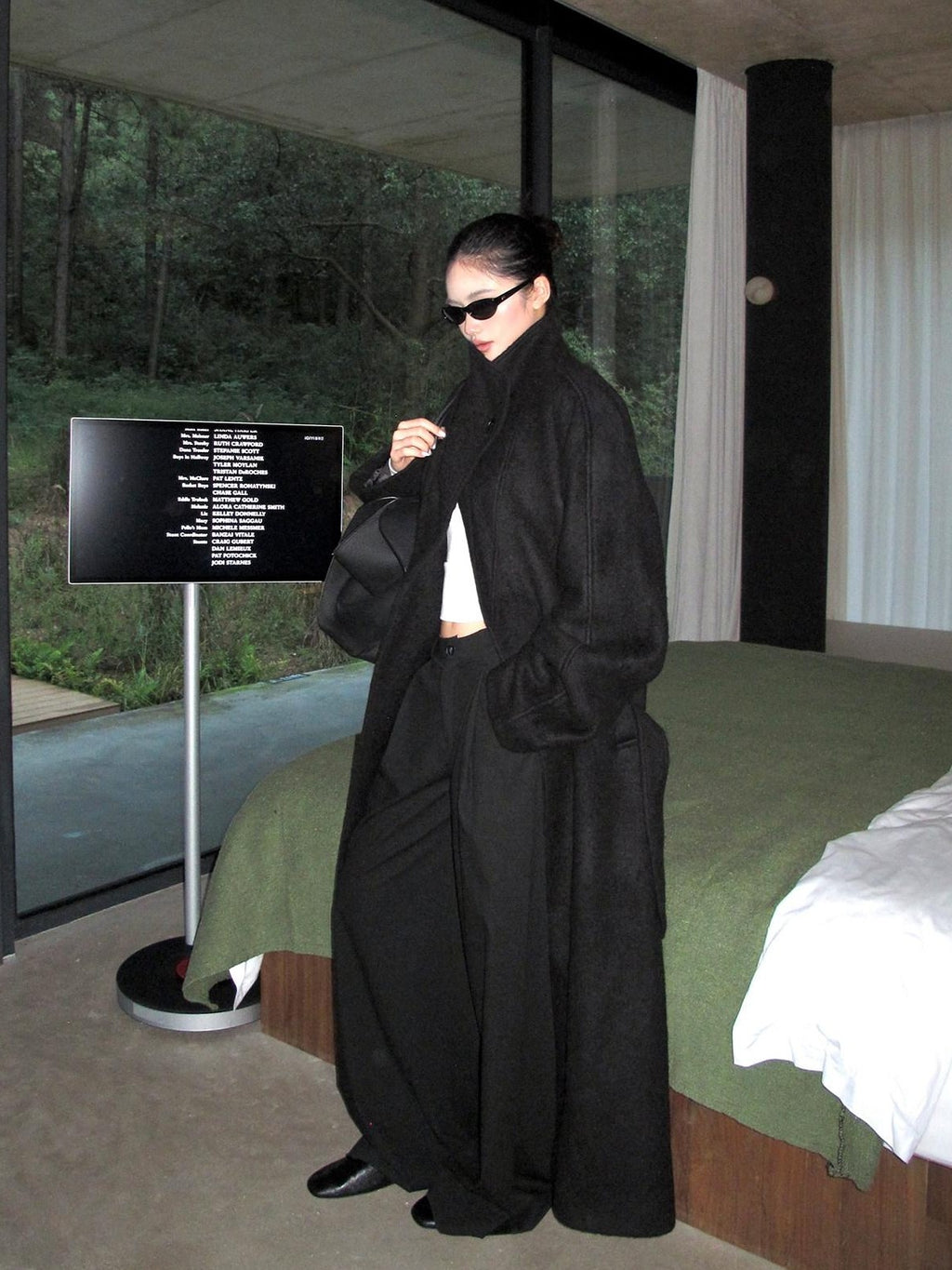 rovente Regal Black Stand Collar Belted Oversized Women's Wool Long Coats