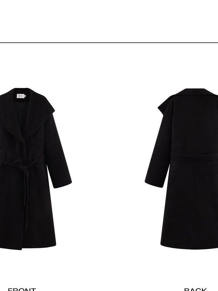 rovente Regal Black Stand Collar Belted Oversized Women's Wool Long Coats