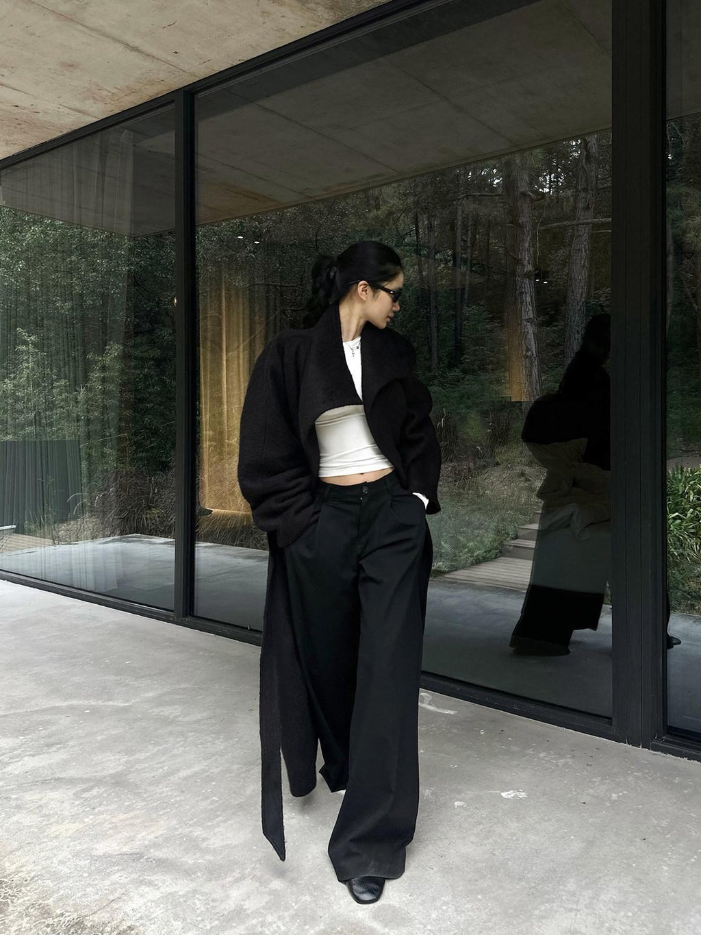 rovente Regal Black Stand Collar Belted Oversized Women's Wool Long Coats