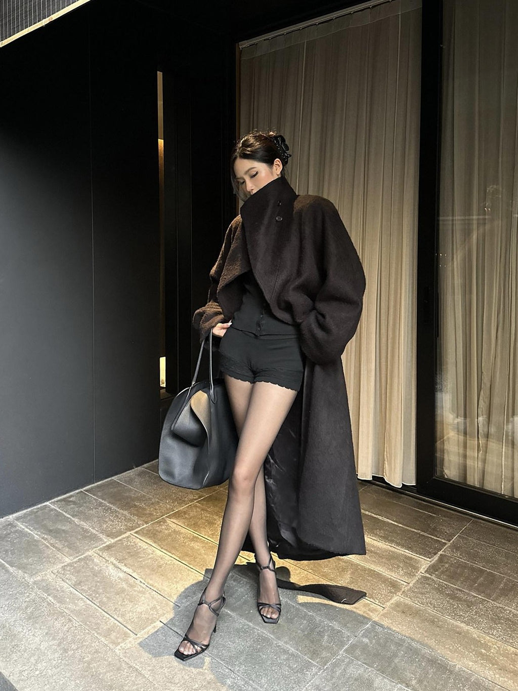 rovente Regal Black Stand Collar Belted Oversized Women's Wool Long Coats