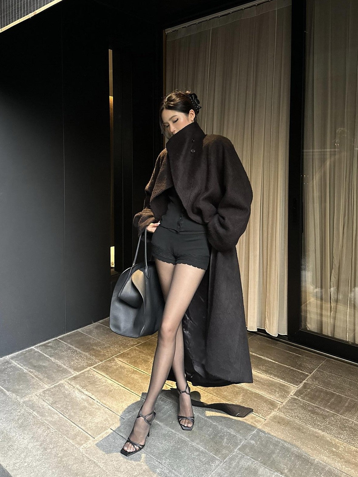 rovente Regal Black Stand Collar Belted Oversized Women's Wool Long Coats