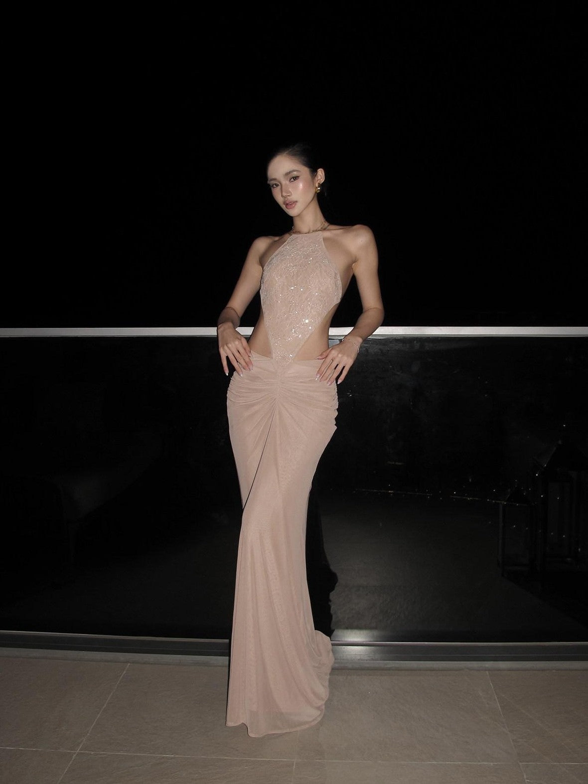 rovente Rhinestone Sequined Embroidered Women's Mesh Tulle Halter Maxi Dresses