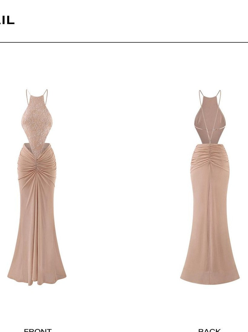 rovente Rhinestone Sequined Embroidered Women's Mesh Tulle Halter Maxi Dresses