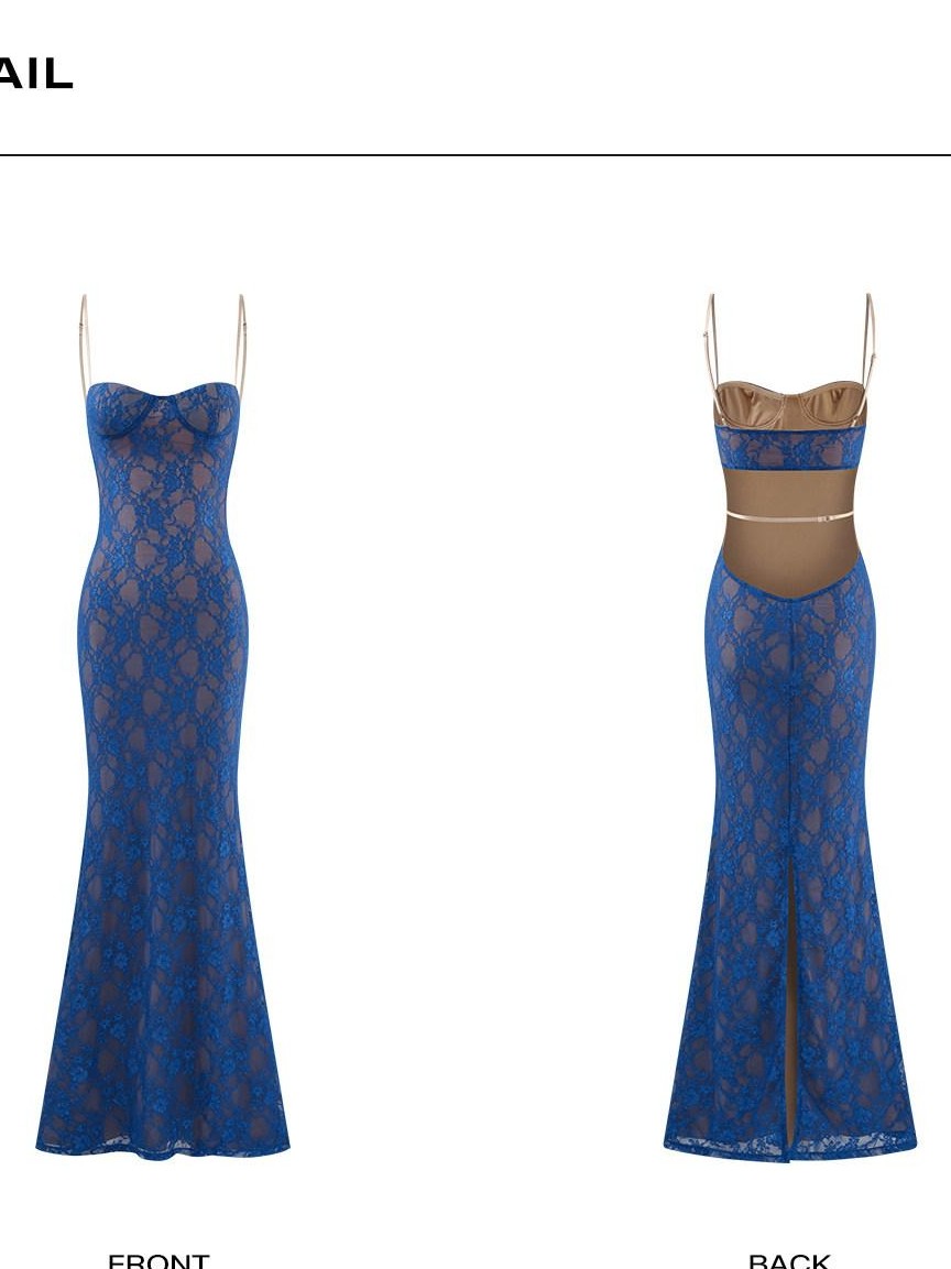 rovente Royal Blue Spaghetti Strap Open Back Mermaid Tail Women's Bodycon Maxi Dresses