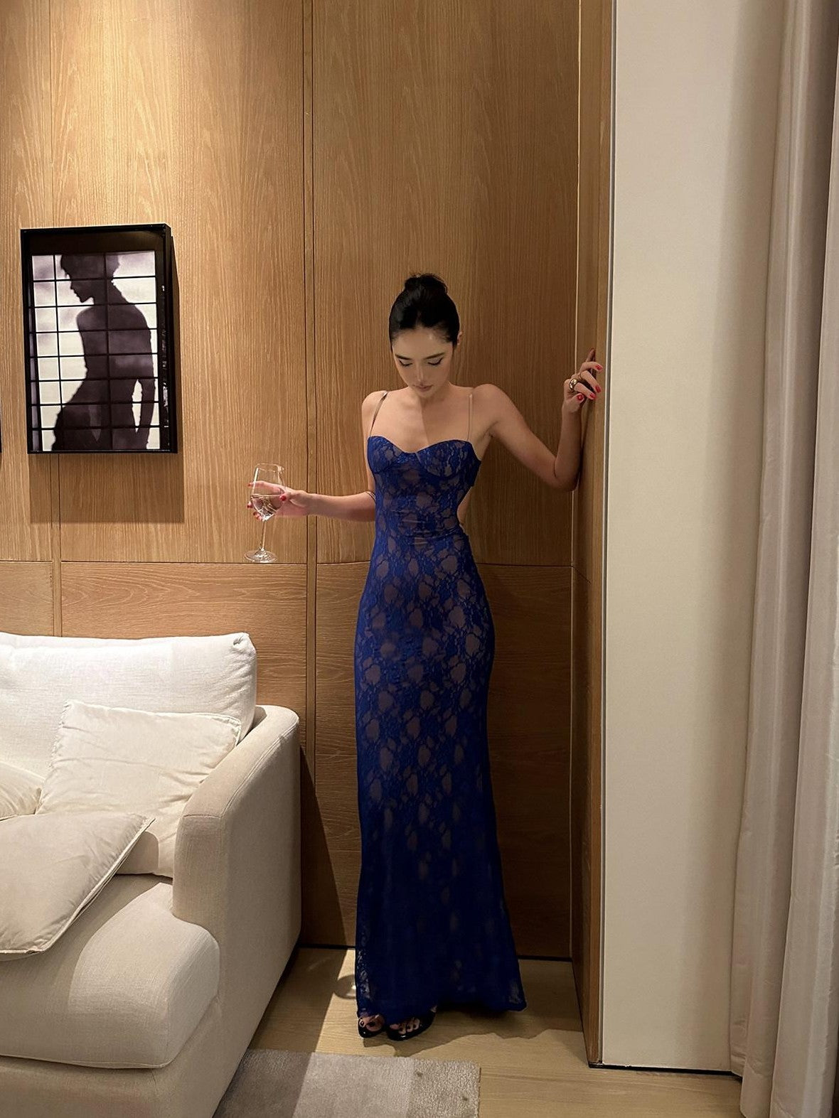 rovente Royal Blue Spaghetti Strap Open Back Mermaid Tail Women's Bodycon Maxi Dresses